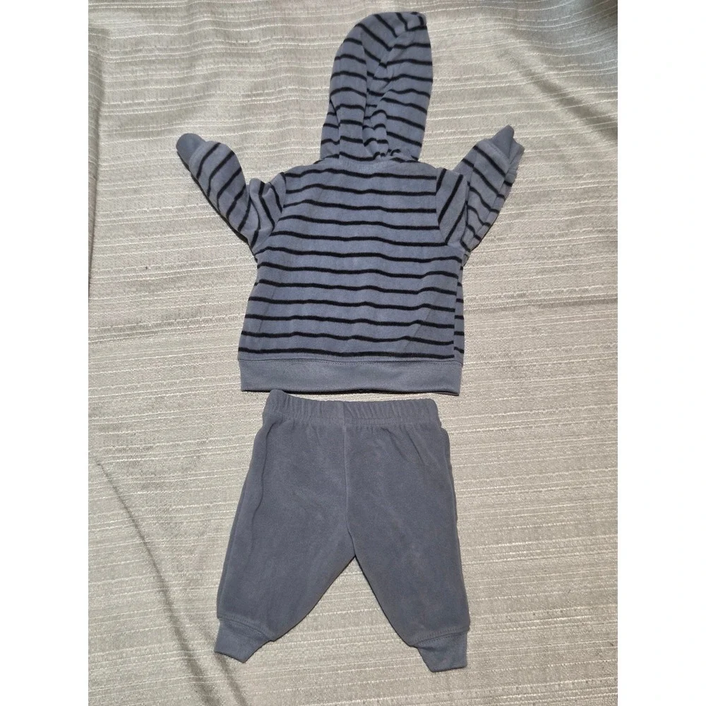 Carters Just One You Baby Boys 3M Gray Blue Moose Stripe Fleece Hoodie Pant Set